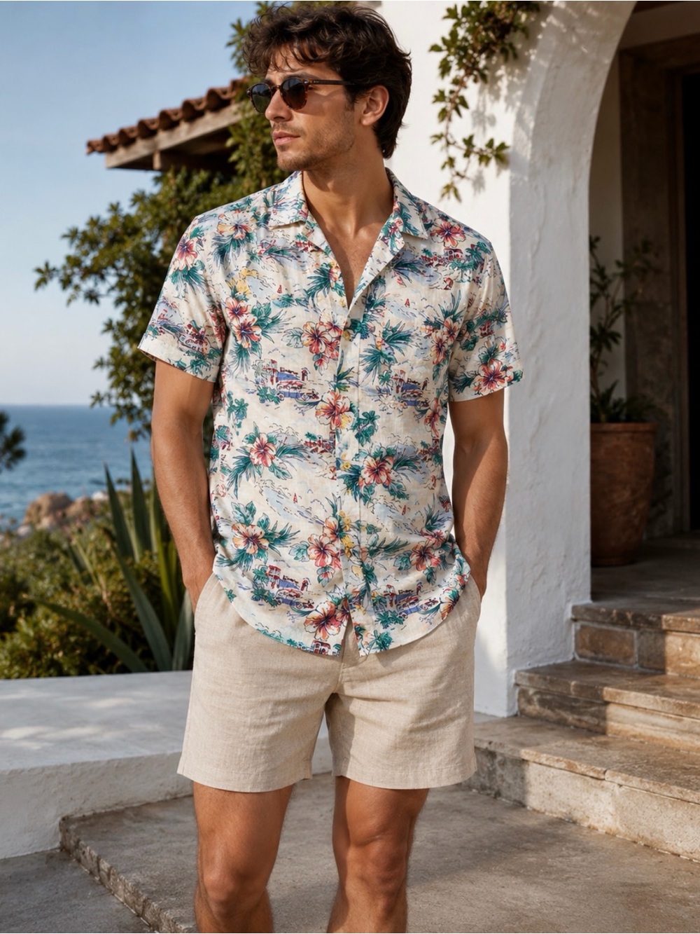 Tommy Hilfiger Cream Floral Short Sleeve Camp Shirt